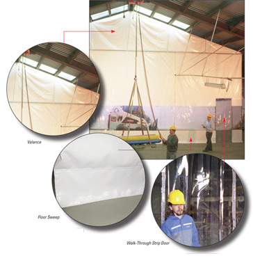 Warehouse Curtains Divide Manufacturing Space with a Tight Seal with Custom Valance Panels, Floor Sweeps, and Easy Access Built in Strip Curtains