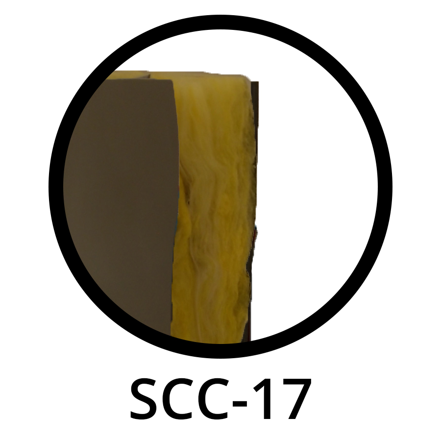 Front - 2" Thick 18 oz Vinyl Over Fiberglass + Interior - 1 lb/sq ft Mass Loaded Vinyl + Back -  1" Vinyl Quilted FiberglassNRC .75STC 33